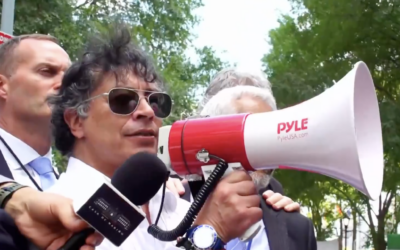 Colombian President Gustavo Petro speaks through a megaphone at an anti-Israel rally in New York, September 26, 2025. (Screen capture: MinCultura Colombia via X)